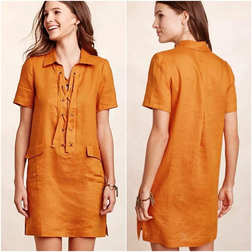 Anthropologie Maeve Lace Up Linen Dress in Mango Size 6